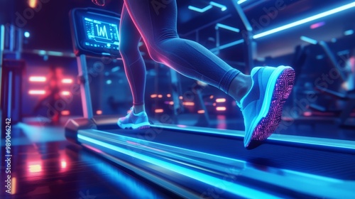 Person running on a treadmill in a neon-lit gym environment. workout healthy 