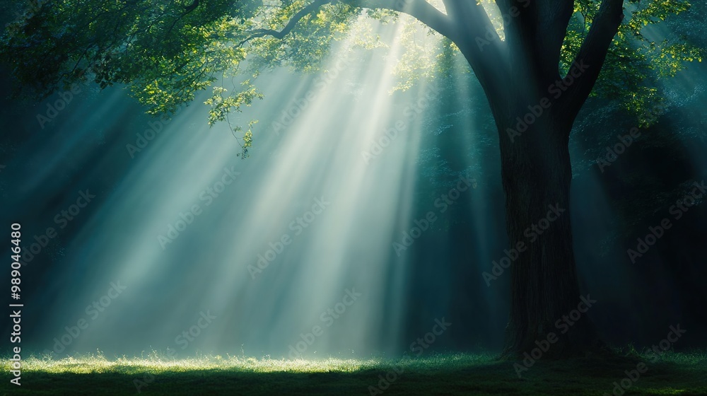 Fototapeta premium Ethereal Sunlight Streaming Through Forest Canopy