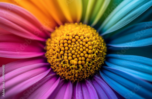 A close-up of the center, rainbow-colored petals of an African daisy flower.