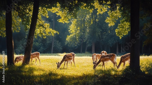 A serene scene of deer grazing in a sunlit forest clearing.