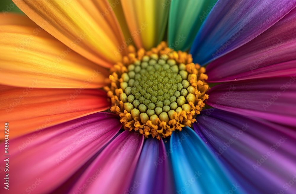 A close-up of the center, rainbow-colored petals of an African daisy flower. A close-up of the center, rainbow-colored petals of an African daisy flower.