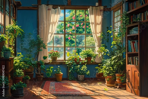 Room with plants. Anime style art for wallpaper, prints, greeting cards.	 photo