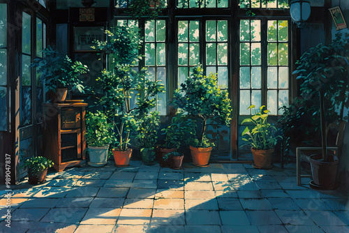 Room with plants. Anime style art for wallpaper, prints, greeting cards.	