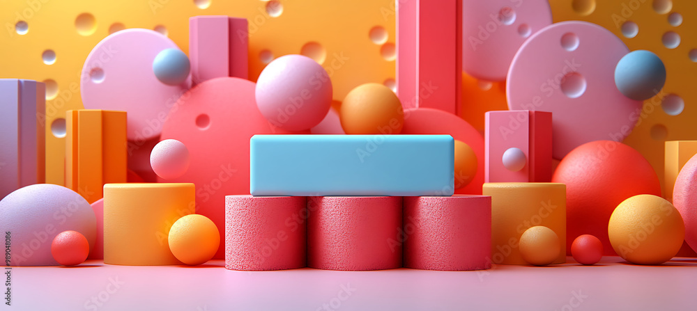 Fototapeta premium Modern Workplace Celebrations Business Card dedicated a Work Anniversary where 3D geometric shapes blend into a vibrant 2D pattern featuring a blank area on the lower center for writing a custom note