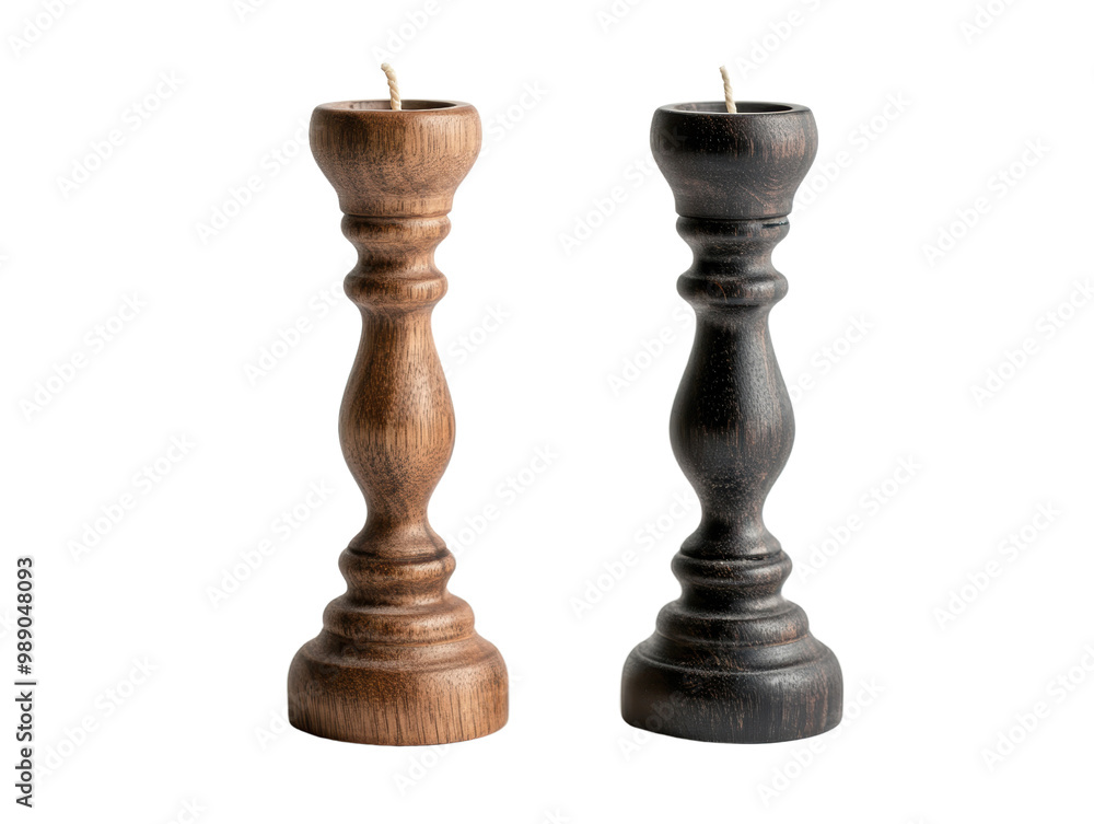 Elegant wooden candle holders, one light brown and one dark brown, on a white background. transparent background. Elegant wooden candle holders, one light brown and one dark brown, on a white background. transparent background.