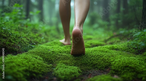 Forest Bathing: woman Walking barefoot along a moss-covered forest trail, a person breathes deeply and absorbs the sights.