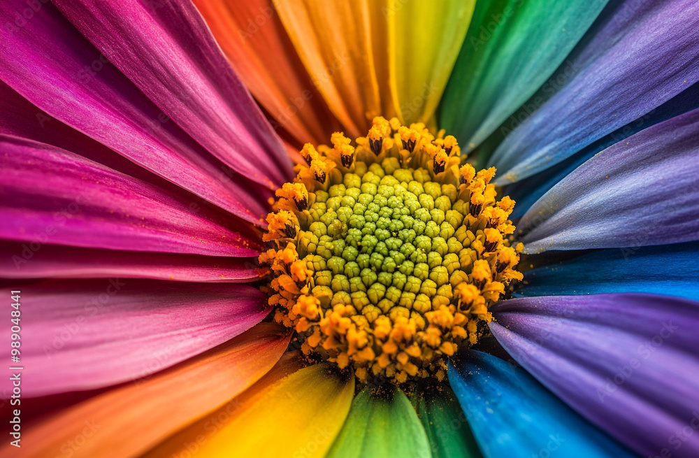 A close-up of the center, rainbow-colored petals of an African daisy flower. A close-up of the center, rainbow-colored petals of an African daisy flower.