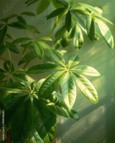 Close-Up of Umbrella Plant by Window with Glossy Leaves in Soft Light