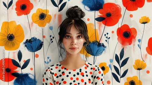 Design Pop Color illustrations of Daisy in various activities ,with bold lines and simple design, placed on a white background 