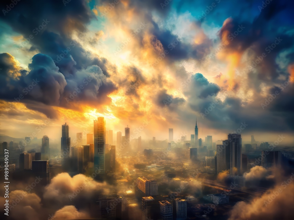 Fototapeta premium Hazy and impressionistic clouds obscuring a distant cityscape with moody lighting and abstracted forms