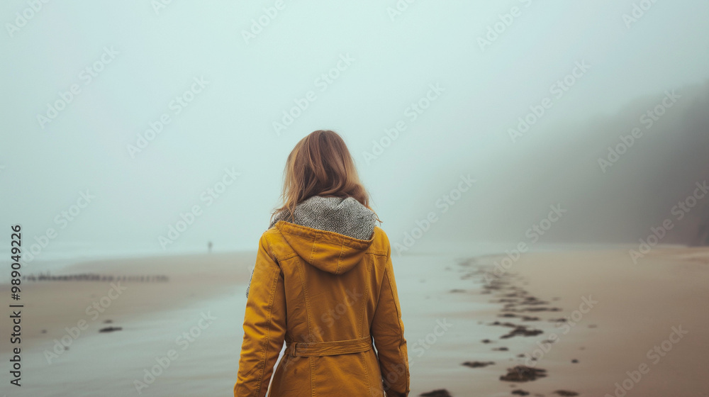 Woman in yellow jacket walking on foggy beach, back view. Woman in yellow jacket walking on foggy beach, back view.