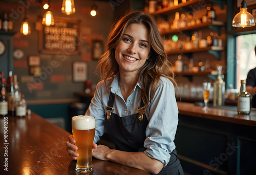  female bartender smiling in a vibrant pub, exuding growth and pride, warm ambiance, rich colors, inviting lighting, capturing ownership and determination in oil painting style 