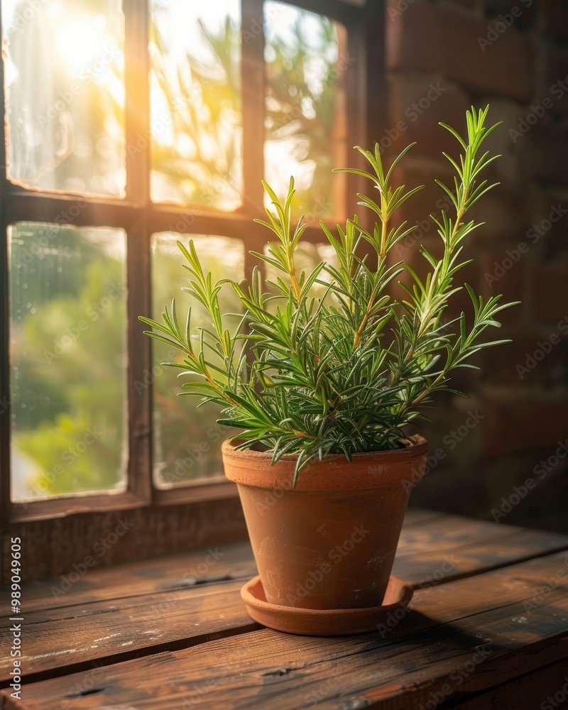 Rosemary Plant in Terracotta Pot on Rustic Wooden Table in Sunlight
Rosemary Plant in Terracotta Pot on Rustic Wooden Table in Sunlight