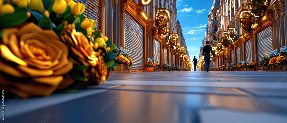 Obraz premium Charming Street with Beautiful Flowers and Blue Sky