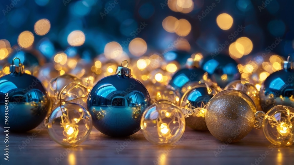 Christmas baubles glowing warmly with fairy lights in background Christmas baubles glowing warmly with fairy lights in background