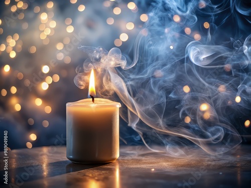 ethereal, shimmering mist of smoke swirling around a flickering candleflame on a peaceful evening photo