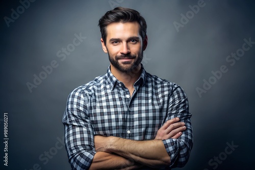 Posing, arms crossed. Man is against background in the studio