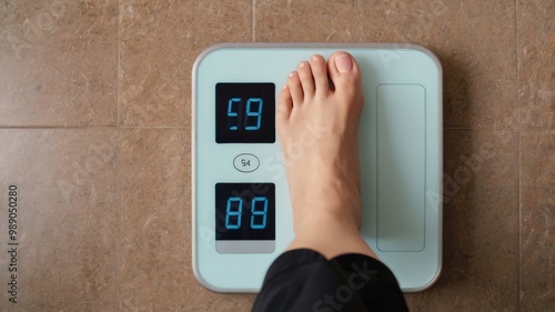 Woman stepping on smart electronic scale checking bmi and body fat