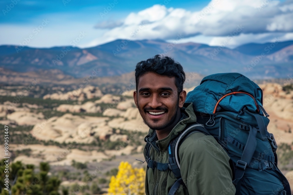 Naklejka premium Sri lankan man backpack backpacking smiling.