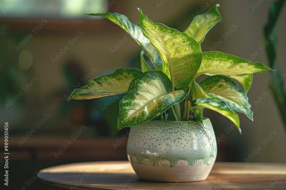 Close-Up of Dieffenbachia Plant in Stylish Pot on Side Table