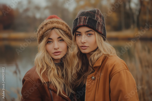 Two women in cozy beanies and jackets pose together in an autumnal scenic outdoor setting by a river.