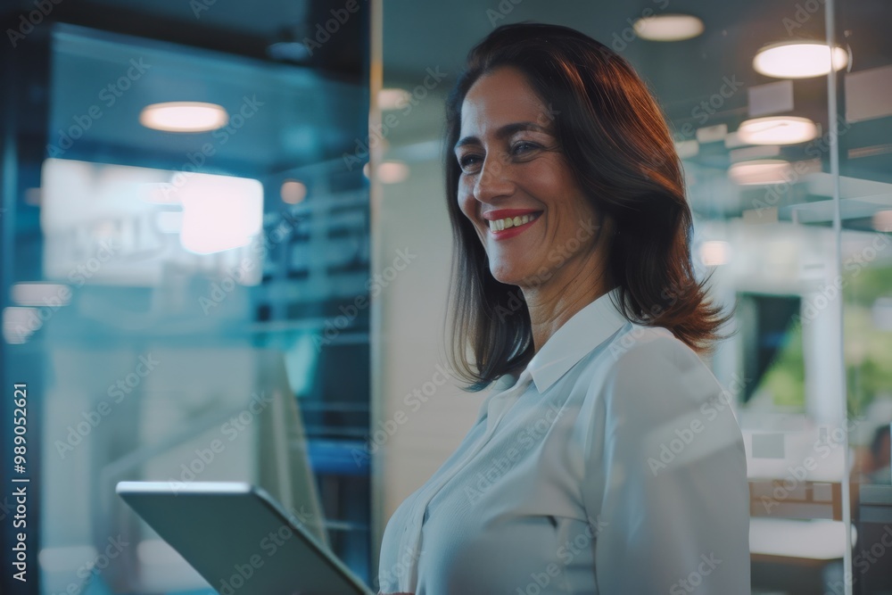 A confident woman in business attire smiles while standing in a modern office, with a tablet in her hands and a bright ambiance around her. A confident woman in business attire smiles while standing in a modern office, with a tablet in her hands and a bright ambiance around her.
