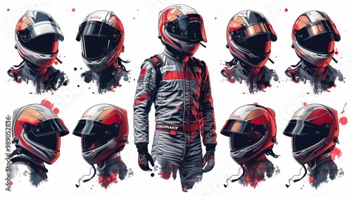 Design Pop Color illustrations of Horse wearing a racecar driver outfit in a white background in various activities ,with bold lines and simple design, placed on a white background 