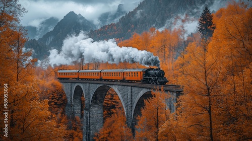 Scenic Train Crossing Majestic Bridge in Autumn Landscape