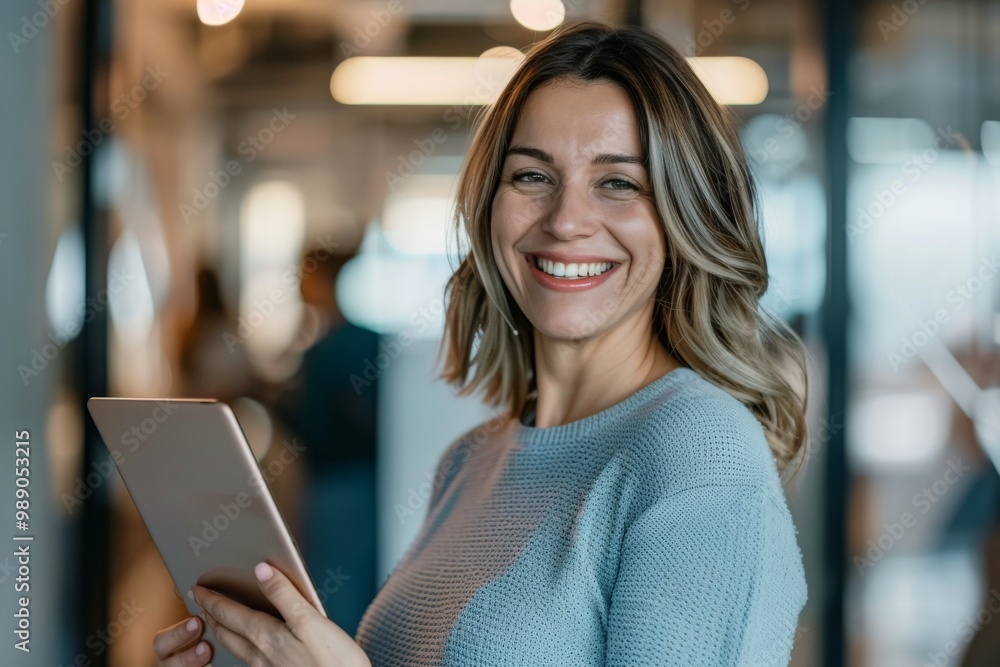 Fototapeta premium A woman smiles brightly while holding a tablet in an office environment, conveying confidence and positivity.