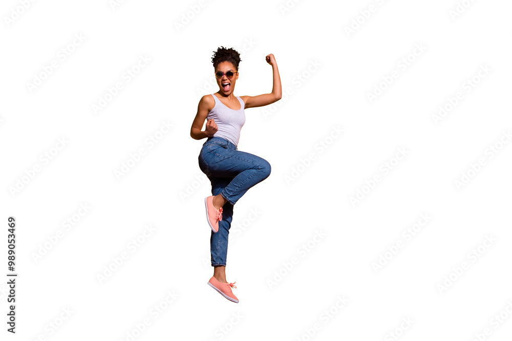 Full length side profile body size photo beautiful she her dark skin lady jumping high yell yeah triumphant champion wear casual jeans denim pants trousers tank-top isolated bright yellow background Full length side profile body size photo beautiful she her dark skin lady jumping high yell yeah triumphant champion wear casual jeans denim pants trousers tank-top isolated bright yellow background