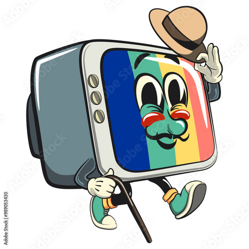 vintage tv monitor cartoon character mascot retro vector design carrying a stick and saluting with raised hat, work of hand drawn