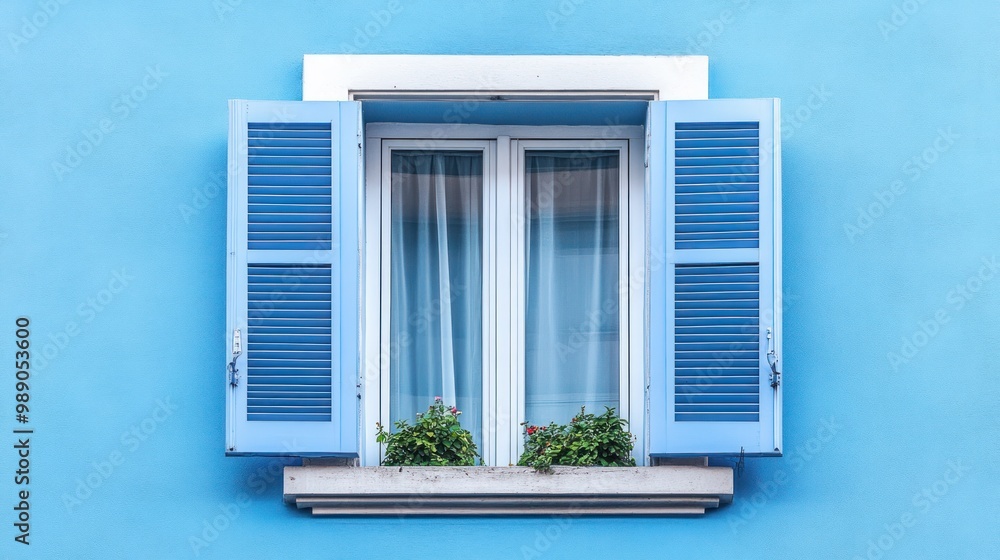 Fototapeta premium A blue wall with a window featuring open shutters and potted plants.
