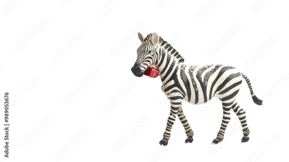 Obraz premium Zebra standing alone on a white background in a cartoon style, showcasing its distinctive black and white stripes