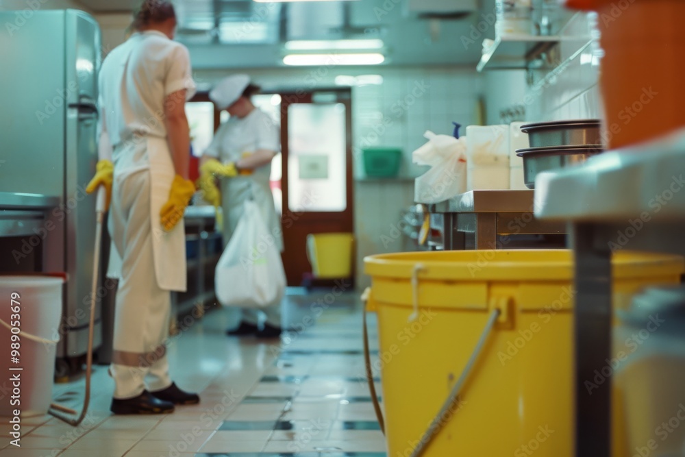 Two kitchen staff in white uniforms with rubber gloves, cleaning a commercial kitchen with focus on the foreground mop and yellow bucket. Two kitchen staff in white uniforms with rubber gloves, cleaning a commercial kitchen with focus on the foreground mop and yellow bucket.