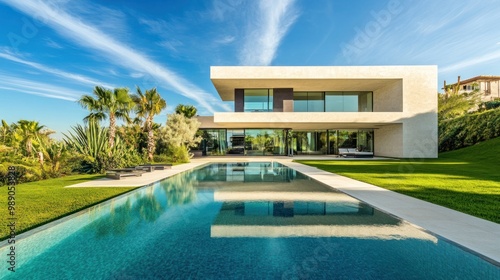 Wallpaper Mural Modern villa with a pool and lush landscaping under a clear blue sky. Torontodigital.ca