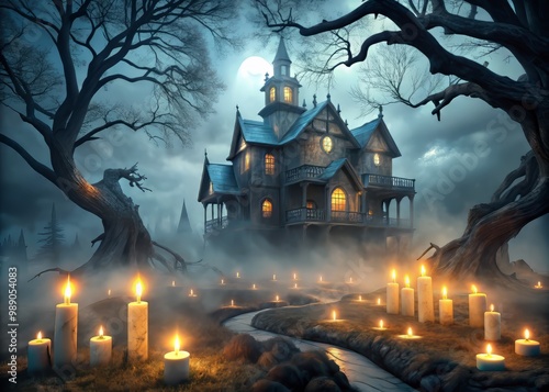 Thick, eerie fog enveloping a haunted mansion, with flickering candles casting an ominous glow, and twisted tree branches stretching out like skeletal fingers through the mist. photo