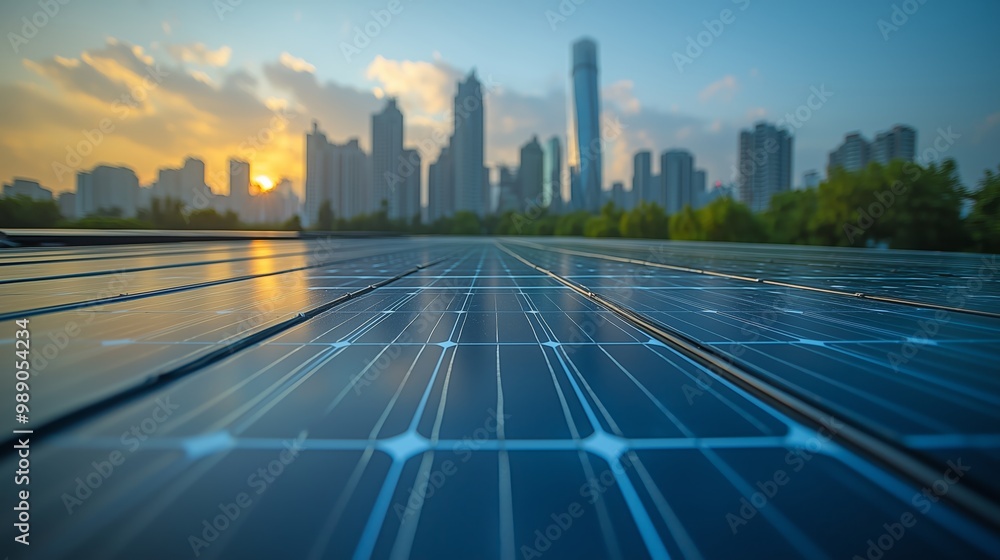 Solar Panels on Modern City Rooftops at Sunset Solar Panels on Modern City Rooftops at Sunset