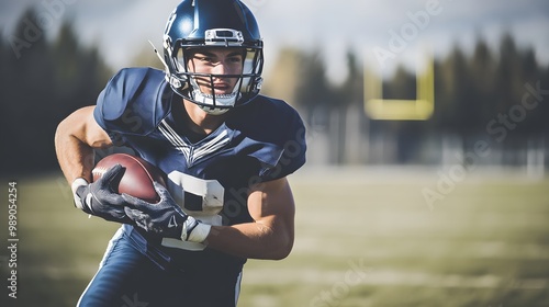 Football player in blue uniform runs with ball.