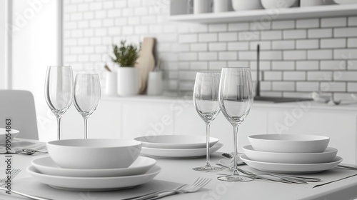 Set of clean dishware, glasses, and cutlery on a table in the modern kitchen. close-up.