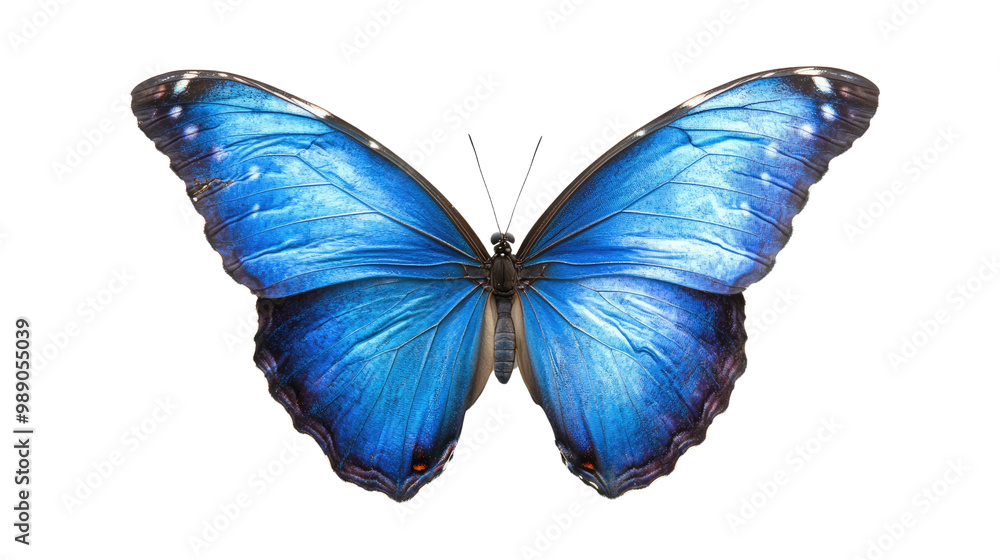 Obraz premium A vibrant butterfly with blue and yellow wings isolated on a white background, showcasing the beauty of nature and the colorful patterns of a tropical insect