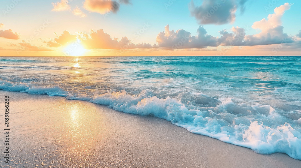 Obraz premium a pristine beach at dawn with sea waves with blue sky and sunset.