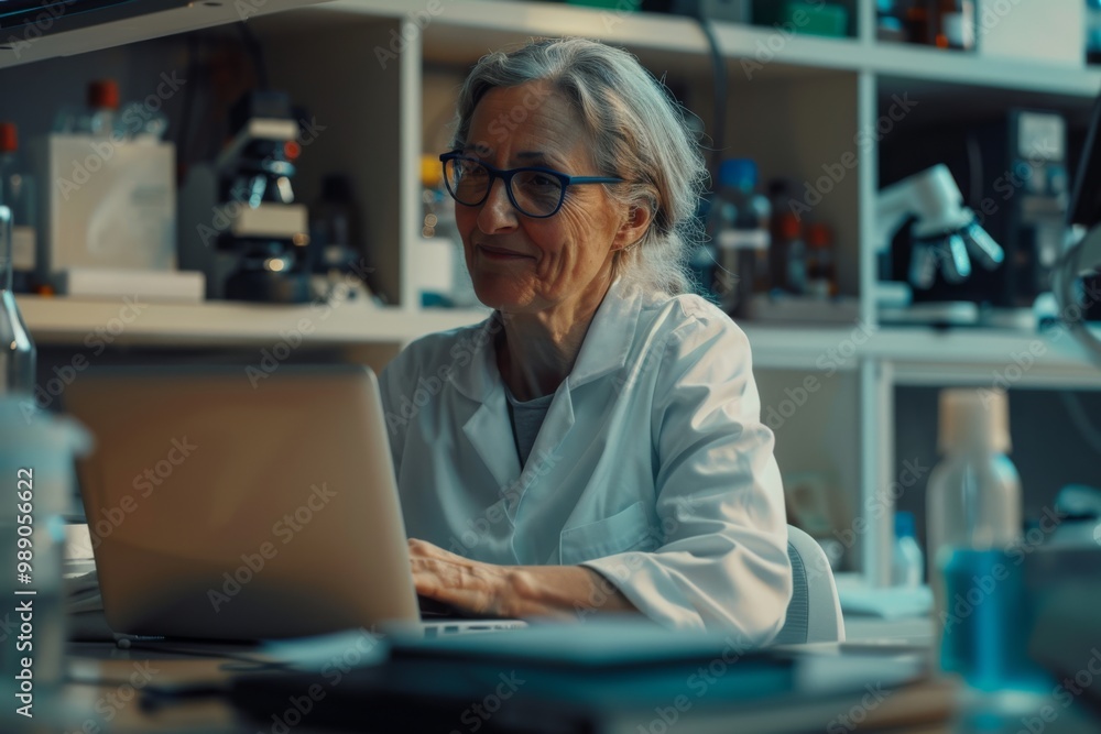 Two female scientists in white lab coats and protective glasses work intensely together on a laptop in a fully equipped modern laboratory. Two female scientists in white lab coats and protective glasses work intensely together on a laptop in a fully equipped modern laboratory.