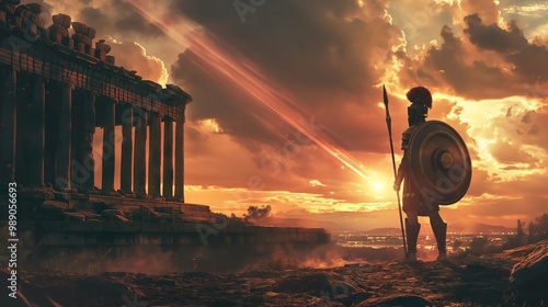 a warrior is standing in sunset