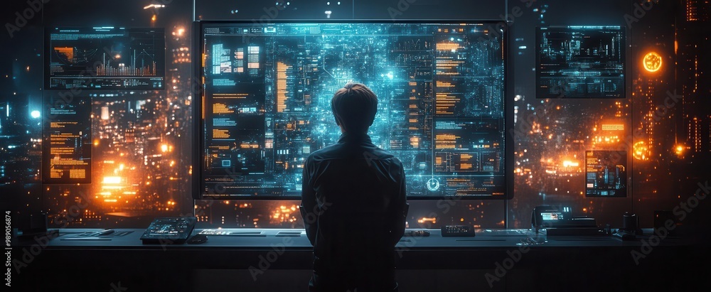 futuristic scene of rpa engineer using holographic interface to program factory automation sleek minimalist workspace with glowing blue accents blend of human expertise and advanced ai futuristic scene of rpa engineer using holographic interface to program factory automation sleek minimalist workspace with glowing blue accents blend of human expertise and advanced ai