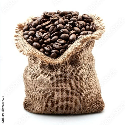 A rustic burlap sack filled with rich, dark roasted coffee beans, perfect for coffee lovers and culinary enthusiasts.