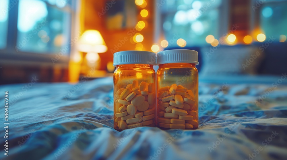 Two pill bottles filled with medication sit on a bed in a softly lit, cozy bedroom scene. Two pill bottles filled with medication sit on a bed in a softly lit, cozy bedroom scene.