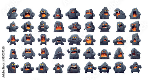Stone lava golem cartoon vector set. Fantasy big fist living flame rock boulder funny magma giant strong monster characters magic creature isolated on white background