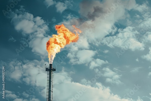 A tall flare stack emits a bright, fiery flame against a backdrop of partly cloudy skies.