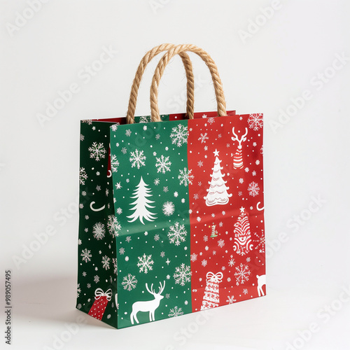 Generative AI illustration. Christmas gift bag red and green color patterns photo