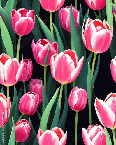 Pink tulips on monochrome background seamless wallpaper design pattern